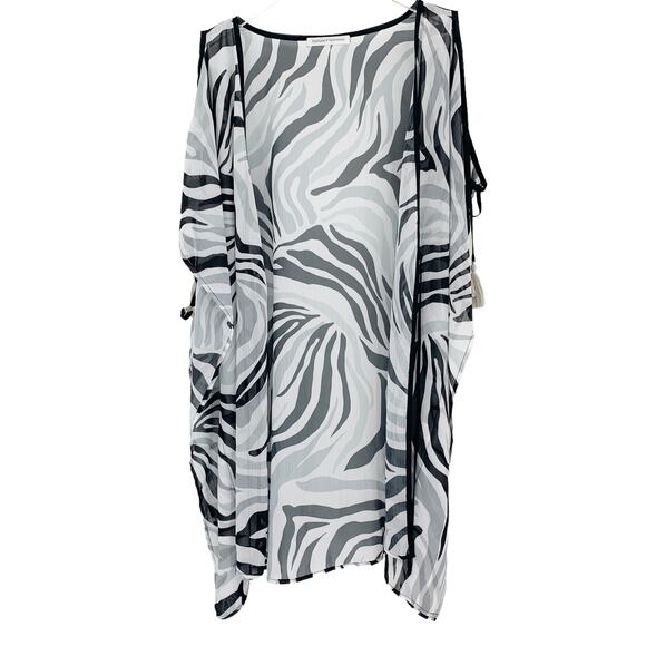 2/$30 FORTUNE Swimwear Cover Up One Size Open Front Tie Kimono Black Gray Zebra - Picture 3 of 7